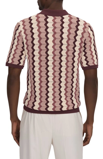 Reiss Summer Pointelle Zigzag Stripe Knit Button-up Shirt In Rose Multi
