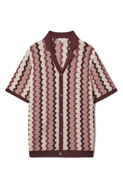 Shop Reiss Summer Pointelle Zigzag Stripe Knit Button-up Shirt In Rose Multi