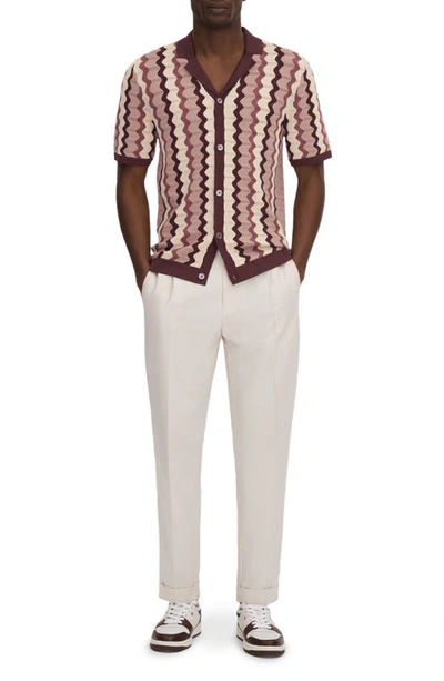 Reiss Summer Pointelle Zigzag Stripe Knit Button-up Shirt In Rose Multi
