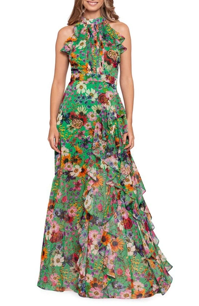 Shop Betsy & Adam Floral Print Ruffle Chiffon Gown In Green