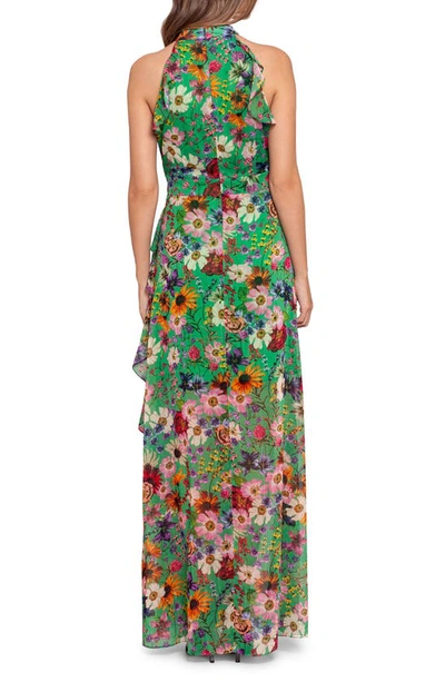 Shop Betsy & Adam Floral Print Ruffle Chiffon Gown In Green