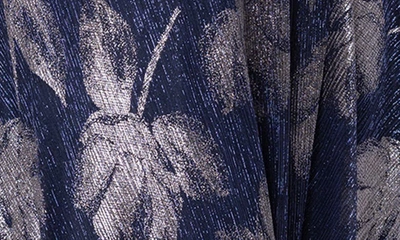 Shop Betsy & Adam Floral Foil Print Flutter Sleeve Gown In Navy/ Gunmetal