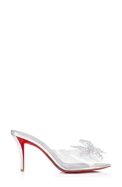 Christian Louboutin Aqua Crystal Clear Floral Red Sole Slide Sandals In Silver