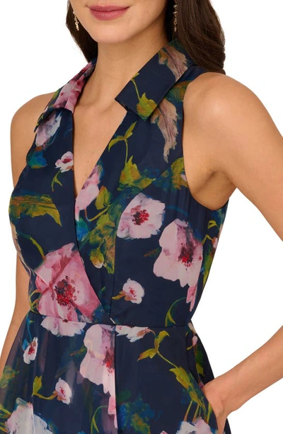 Shop Adrianna Papell Floral Print Organza High-low Dress In Navy/ Multi