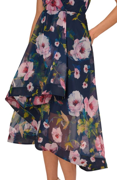 Shop Adrianna Papell Floral Print Organza High-low Dress In Navy/ Multi