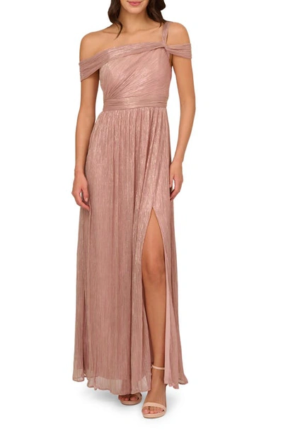 Shop Adrianna Papell Metallic Crinkle Off The Shoulder Gown In Petal/ Gold