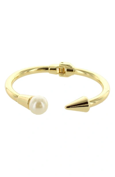 Shop Olivia Welles Elsie Spike & Imitation Pearl Cuff Bracelet In Beige/gold