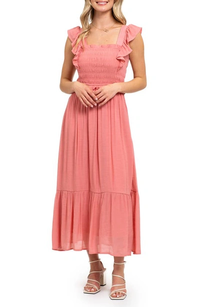 Shop August Sky Ruffle Cap Sleeve Fit & Flare Maxi Dress In Coral