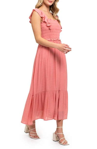 August Sky Ruffle Cap Sleeve Fit & Flare Maxi Dress In Coral