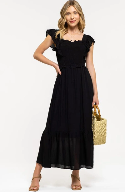 Shop August Sky Ruffle Cap Sleeve Fit & Flare Maxi Dress In Black