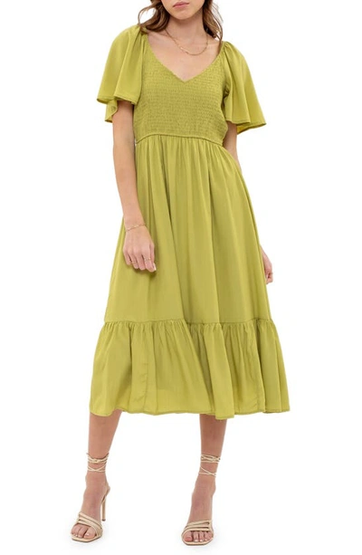 Shop August Sky Flutter Sleeve A-line Midi Dress In Kiwi