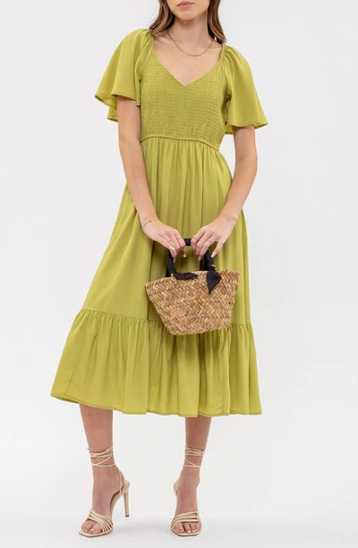 Shop August Sky Flutter Sleeve A-line Midi Dress In Kiwi