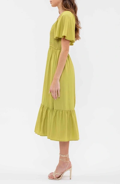 Shop August Sky Flutter Sleeve A-line Midi Dress In Kiwi