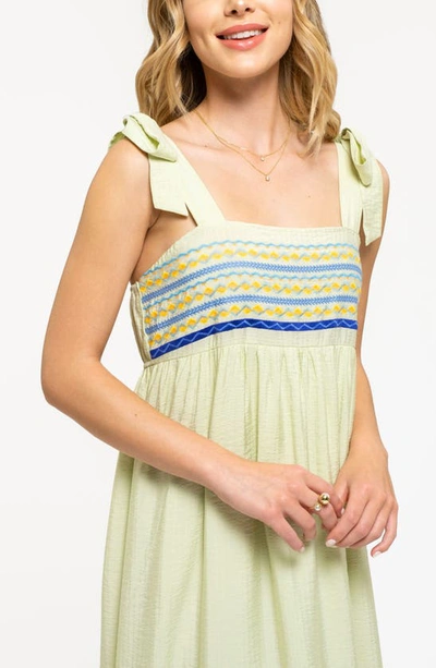 August Sky Embroidered Tie Strap Empire Waist Midi Dress In Sage