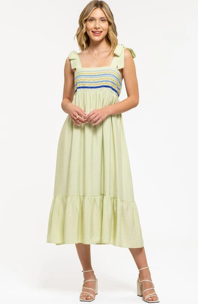 August Sky Embroidered Tie Strap Empire Waist Midi Dress In Sage