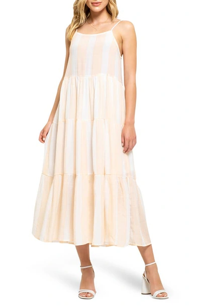 Shop August Sky Stripe Tiered Midi Dress In Peach Multi