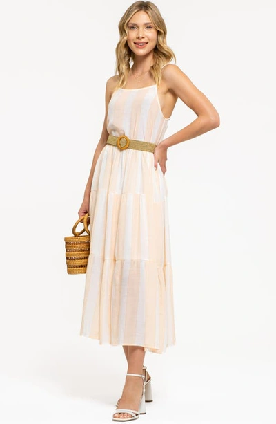 Shop August Sky Stripe Tiered Midi Dress In Peach Multi