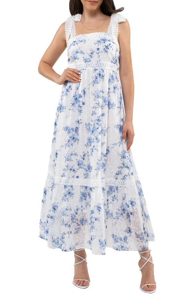 Shop August Sky Floral Tie Strap Empire Waist Maxi Dress In Blue Multi