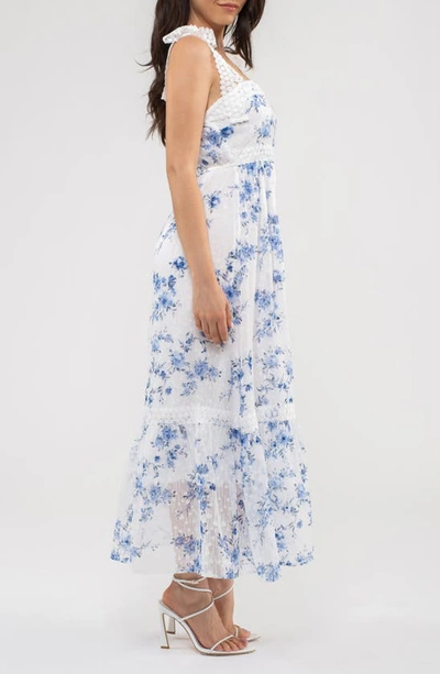Shop August Sky Floral Tie Strap Empire Waist Maxi Dress In Blue Multi