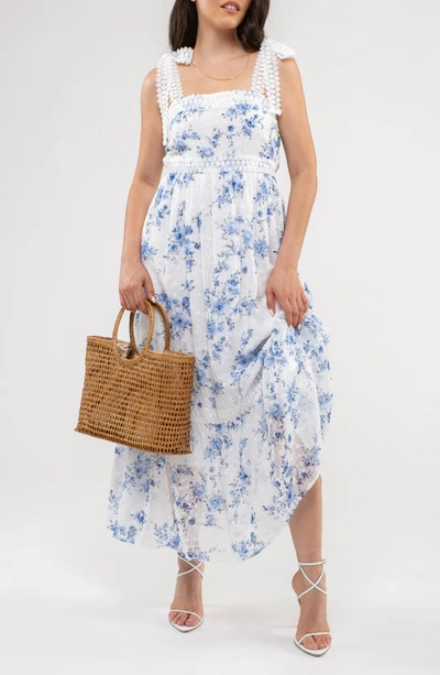 August Sky Floral Tie Strap Empire Waist Maxi Dress In Blue Multi