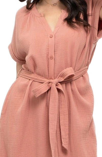 Shop August Sky Short Sleeve Cotton Button Front Dress In Light Sienna