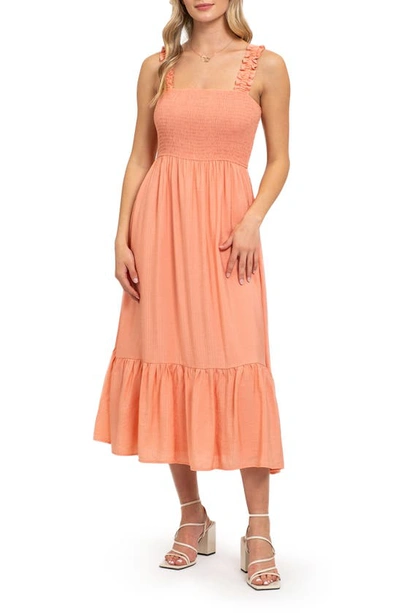 Shop August Sky Smocked Empire Waist Midi Dress In Coral