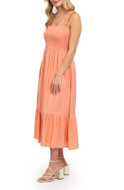 Shop August Sky Smocked Empire Waist Midi Dress In Coral