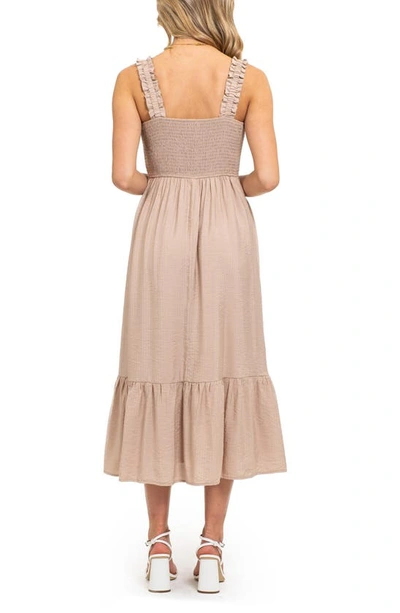 Shop August Sky Smocked Empire Waist Midi Dress In Taupe