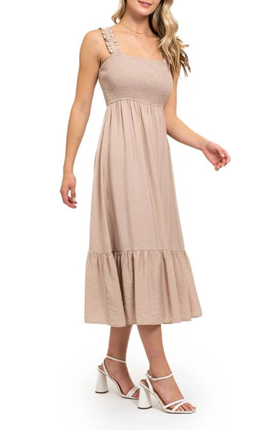 Shop August Sky Smocked Empire Waist Midi Dress In Taupe