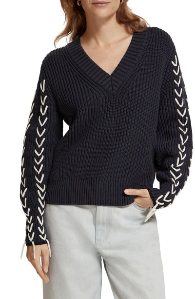 Shop Scotch & Soda Lace-up Detail Sweater In Night