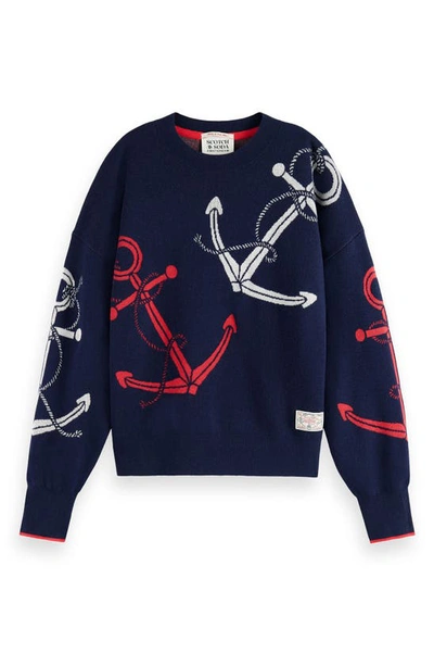 Scotch & Soda Anchor Jacquard Sweater In Navy Blue