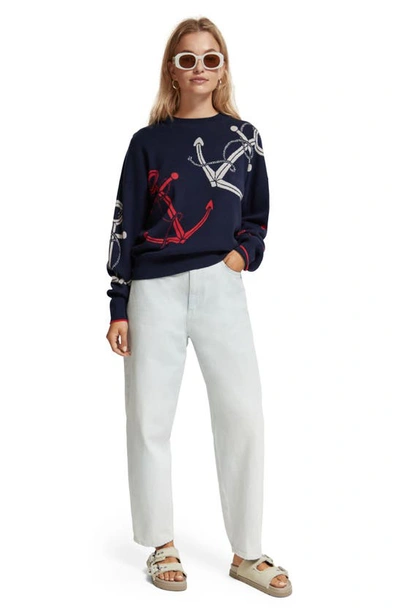 Scotch & Soda Anchor Jacquard Sweater In Navy Blue