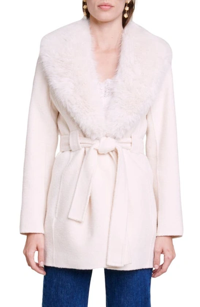 Shop Maje Galaxy Wool Blend Wrap Coat With Faux Fur Collar In Ecru