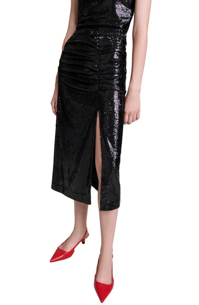 Shop Maje Jichic Sequin Side Slit Midi Skirt In Black