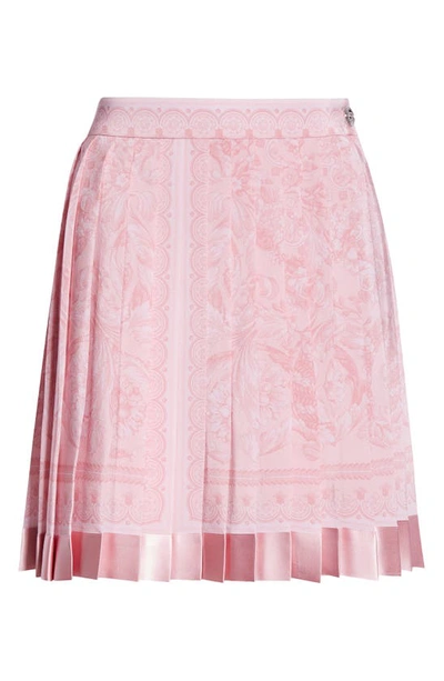 Shop Versace Barocco Print Pleated Silk Skirt In Pale Pink