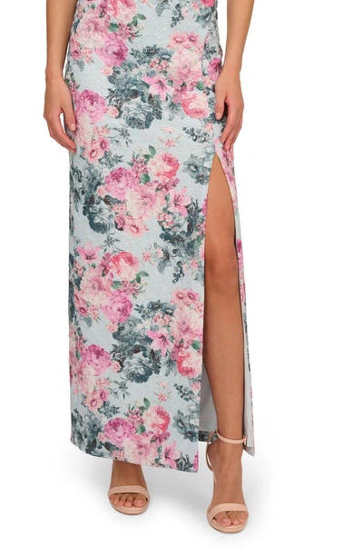 Shop Adrianna Papell Floral Jacquard Metallic Sleeveless Gown In Blue Multi
