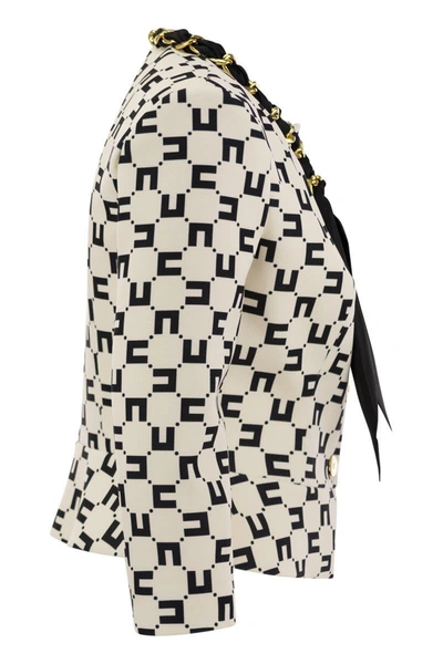 Shop Elisabetta Franchi Logo Print Crepe Jacket With Foulard Chain In Butter/black
