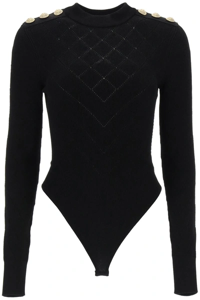 Shop Balmain Knitted Bodysuit With Embossed Buttons Women In Black