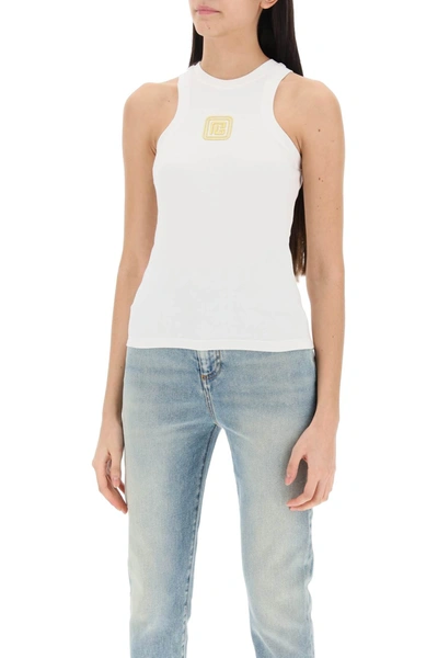 Shop Balmain Tank Top With Pb Embroidery Women In White