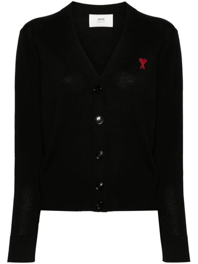 Shop Ami Alexandre Mattiussi Ami Paris Ami De Coeur Wool Cardigan In Black