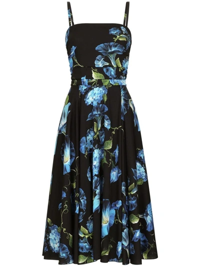 Shop Dolce & Gabbana Flower Print Silk Midi Dress In Black
