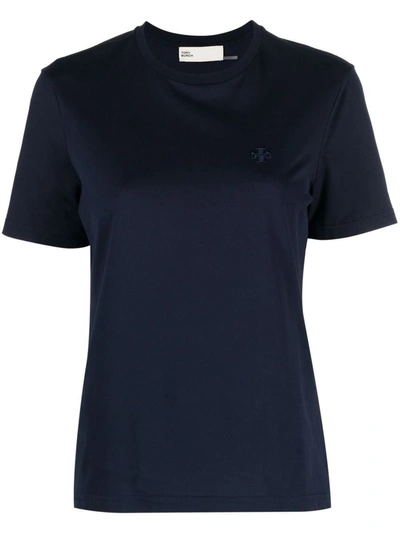 Shop Tory Burch Embroidered Logo Cotton T-shirt In Blue