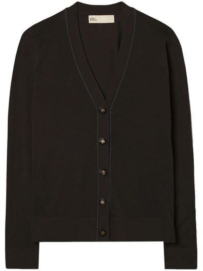 Shop Tory Burch Wool And Silk Blend Cardigan In Black