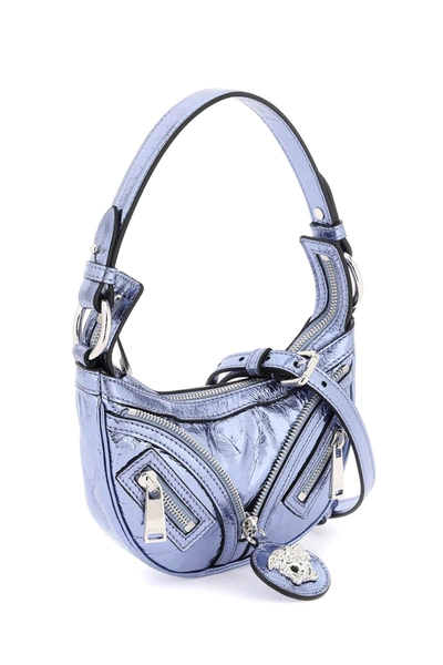 Shop Versace Metallic Leather 'repeat' Mini Hobo Bag Women In Multicolor