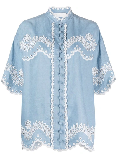 Shop Zimmermann Embroidered Cotton Shirt In Blue