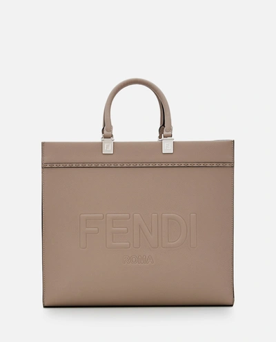 Shop Fendi Leather Sunshine Tote Bag In Beige