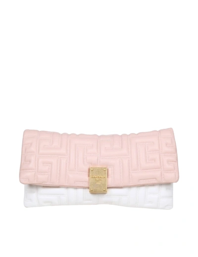 Shop Balmain 1945 Soft Clutch Bag In Monogram Quilted Leather In Creme/nude