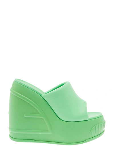 Shop Fendi Green Platform Slides With Embossed Oversized Ff Pattern In Leather Woman