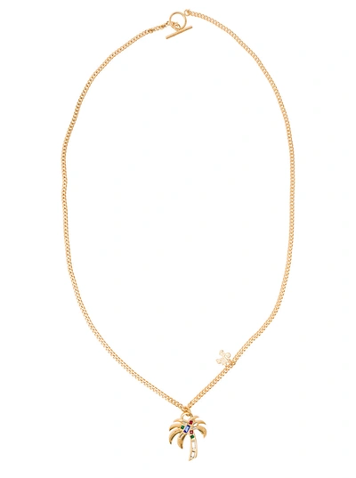 Shop Palm Angels Gold-colored Chain Necklace With Palm Pendant And Logo Charm In Brass Man In Metallic