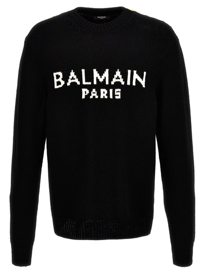 Shop Balmain Jacquard Logo Sweater In White/black